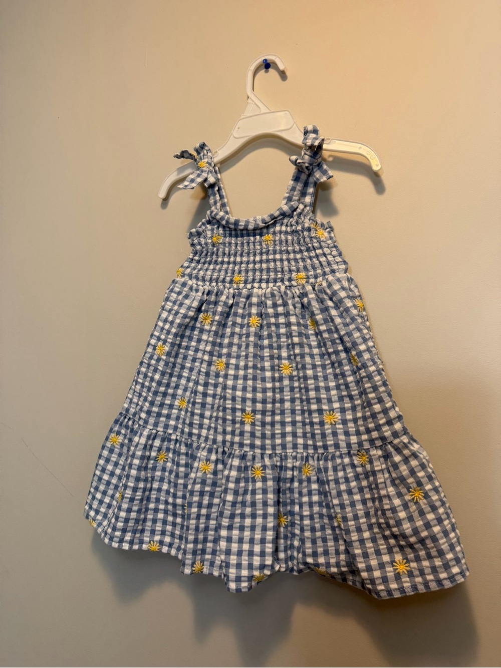 btween Blue Gingham Sundress with Yellow Daisy Embroidery